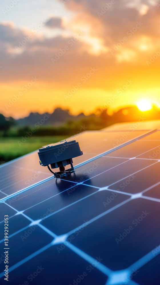 Poster a solar panel with a small device on it. the device is black and has a blue and silver color. the su