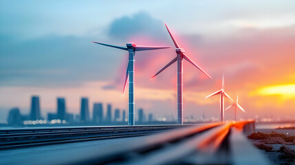 Modern Wind Turbines At Sunset Over City Skyline