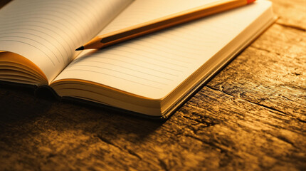 close-up of an open lined book featuring a doodle drawing, centered on a textured wooden table. 