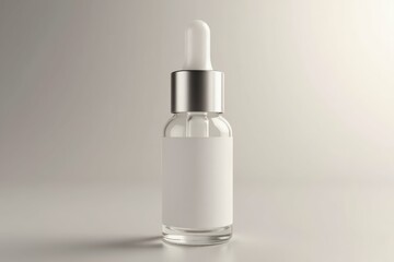 A clear glass dropper bottle with a blank label for cosmetic product packaging.