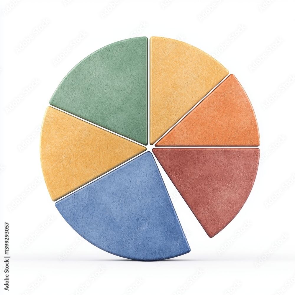 Poster a colorful pie chart with six segments, each in different hues, representing data visualization or s