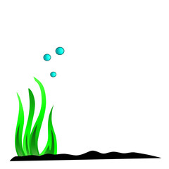 Vibrant underwater scene featuring green aquatic plants and blue bubbles rising in a tranquil environment