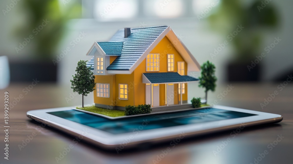 Poster a detailed model of a house is displayed on a tablet, highlighting the intersection of technology an