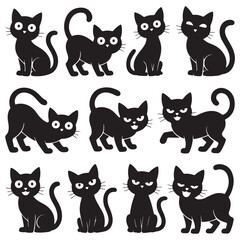 Set of Vector Black silhouettes cats. Collection of funny cats in different poses. illustration isolated on white background. Drawing with children.