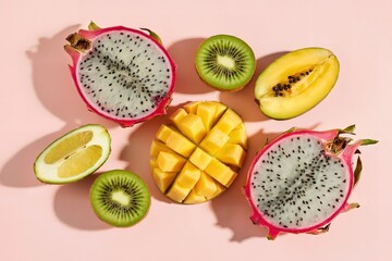 Vibrant flat lay composition of assorted fresh halved and sliced exotic tropical fruits including dragon fruit, kiwi, mango, and lemon displayed on a bright pink background with distinct hard light sh