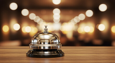 Silver Reception Bell on Wooden Counter with Blurred Background Lights
