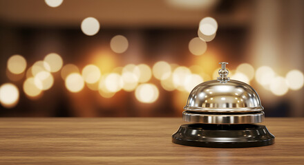 Hotel Service Bell on Wood Table with Bokeh Lights Background