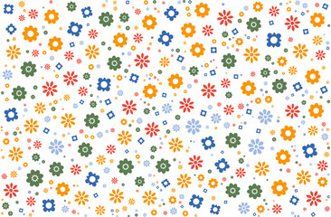 Cute colorful ditsy floral seamless pattern, simple flat design vector illustration with scattered cartoon flowers for cheerful spring or summer background print textiles