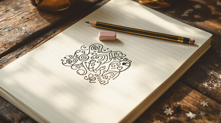 an open lined notebook showcasing a doodle, with a classic pencil and a worn eraser placed on top. 