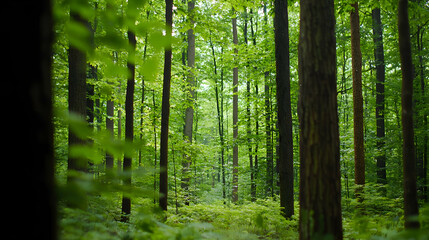 Fototapeta premium Dense Green Forest With Sunlight Filtering Through Trees