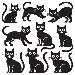 Set of Vector Black silhouettes cats. Collection of funny cats in different poses. illustration isolated on white background. Drawing with children.