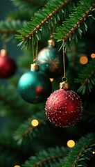 Sparkling glass ornaments on a green tree branch, christmas tree, shiny