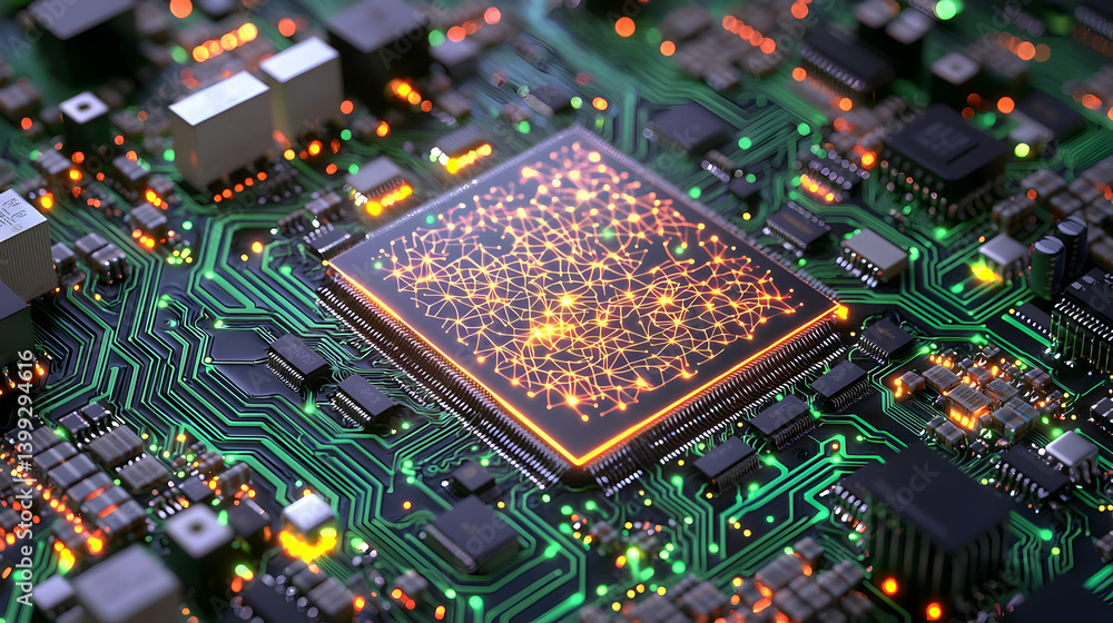 Aufkleber close up view of glowing microchip on circuit board
