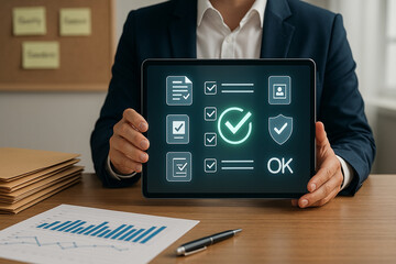 Businessman holding a digital tablet showing a checklist interface with glowing icons of validation, protection and document approval in a modern office..