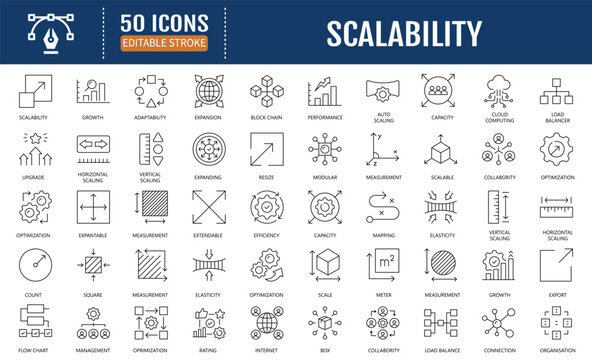 Scalability line editable icon set. Containing scalable resize, growth, performance, expansion, capacity, adaptability, efficiency and more. Vector Illustration