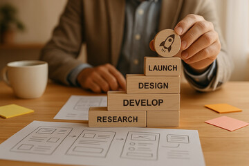 Business development roadmap with wooden blocks representing project stages from research to launch and hand placing rocket on final step..
