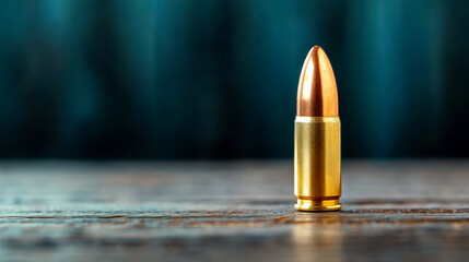 A close-up image of a bullet resting on a wooden surface, highlighting its metallic finish and pointed tip against a blurred background.