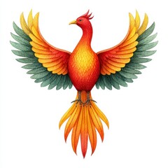 Obraz premium Mythical Phoenix Bird with Orange Red and Green Feathers Detailed Artwork