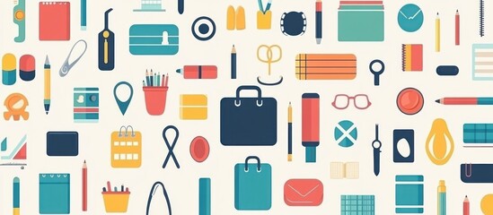 Flat Style Illustration of Office and School Supplies in Retro Color Palette