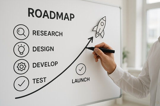 Whiteboard roadmap drawing with hand illustrating project phases from research to launch using icons and upward arrow leading to success..