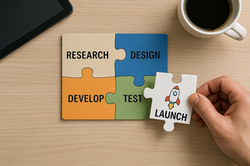 Colorful puzzle pieces illustrating the product development stages: research, design, development, testing and launch with rocket icon...
