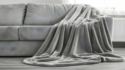 Cozy gray blanket draped on a sofa in a bright living room, perfect for home decor websites or interior design blogs
