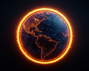A glowing representation of Earth surrounded by a fiery orange halo, highlighting its continents and city lights, symbolizing energy and connectivity.