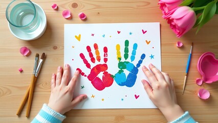 Child's handprint card for mom, Colorful Mother's Day artwork, Whimsical painted texture, Creative home activity
