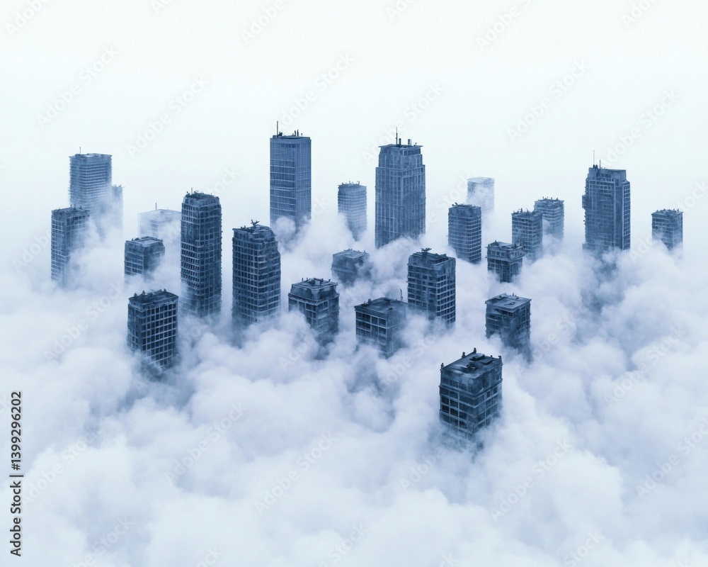 Poster a skyline of skyscrapers partially shrouded in mist, creating a mysterious and ethereal atmosphere, 