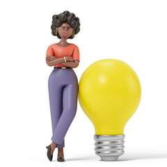 woman with crossed arms next to a lightbulb, symbolizing ideas, innovation, or inspiration. 3D rendering, conceptual image. Isolated on white background.
