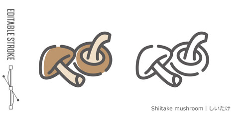 キノコのラインアイコンと色付きアイコンのセット｜しいたけ