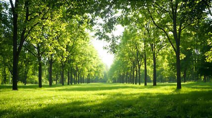 Naklejka premium Sunlight Filters Through Trees in a Rowed Forest Path