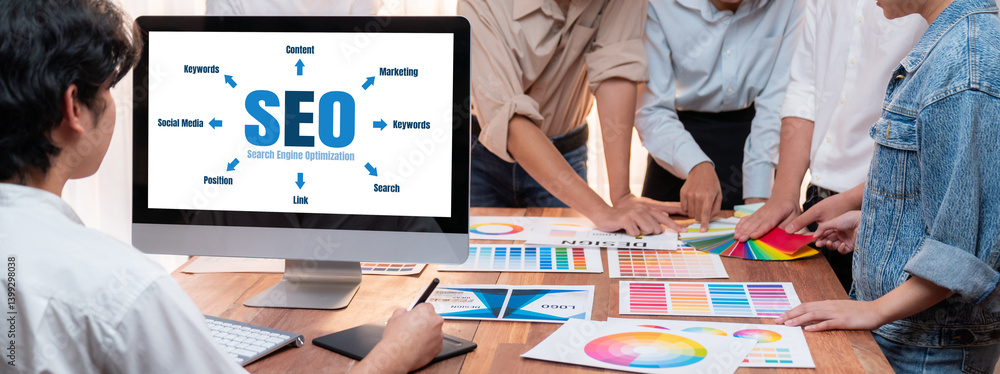 Poster SEO search engine optimization for brisk e-commerce and online retail business showing on computer screen