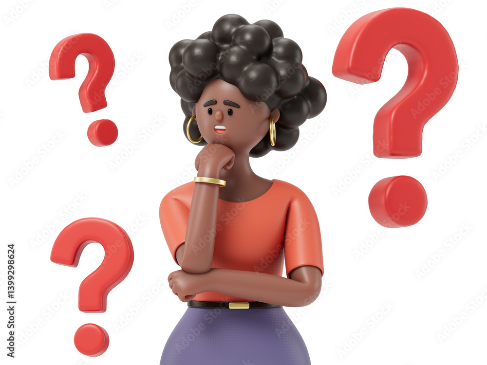 Poster woman surrounded by question marks, symbolizing confusion or decision-making. 3d rendering, conceptu