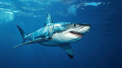 Fototapeta premium Great white shark in deep blue ocean waters.