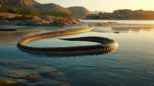 A mythical creature or serpent swims in calm water surrounded by desert mountains and sunlight at dawn or dusk.