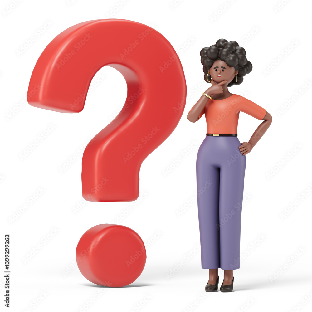 Poster woman with hand on chin by a question mark, symbolizing critical thinking or problem-solving. 3d ren
