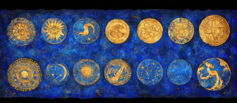 Celestial medallions on ultramarine canvas showcasing zodiacal and astral motifs