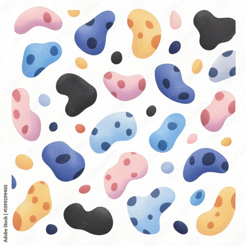 Poster a colorful abstract pattern featuring various organic shapes in pastel shades and dark tones, creati
