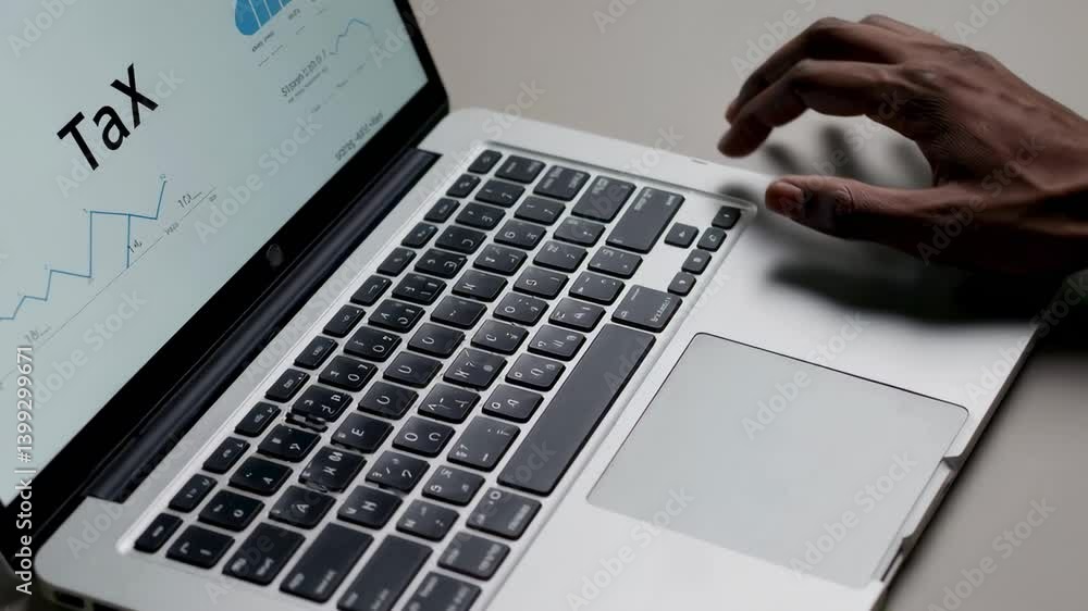 Poster professional accountant working diligently on laptop, analyzing financial charts while entering tax 