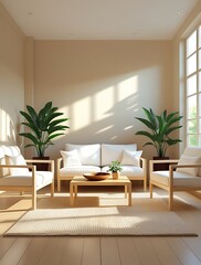Fototapeta premium Bright minimalist living room with wooden furniture, indoor plants, and natural sunlight through large windows