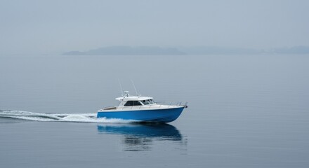 Fototapeta premium Blue Motorboat on Calm Water, Misty Horizon