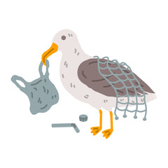 Seabird entangled in ocean litter. Bird holding plastic bag and trapped in fishing net. Marine pollution, environmental damage, wildlife conservation concept. Vector illustration.