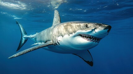 Naklejka premium Great white shark in deep blue ocean water.