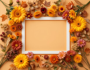 Autumn Flowers and Foliage Flat Lay with White Frame on Soft Orange Background – Cozy Seasonal Top View, 134