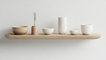 Fototapeta premium Wooden shelf with various ceramic and wooden bowls and vases