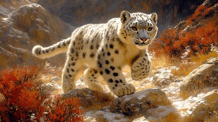 Fototapeta premium Majestic Snow Leopard in the Himalayas: A Winter Wonderland