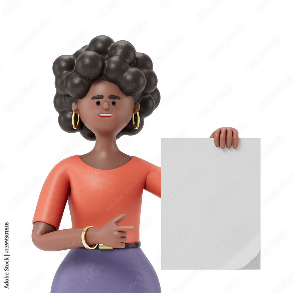 Poster woman in business attire holds a blank paper, symbolizing the presentation of information or an open