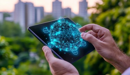 A person using a tablet to interact with a digital globe, surrounded by greenery and urban buildings in the background during sunset.