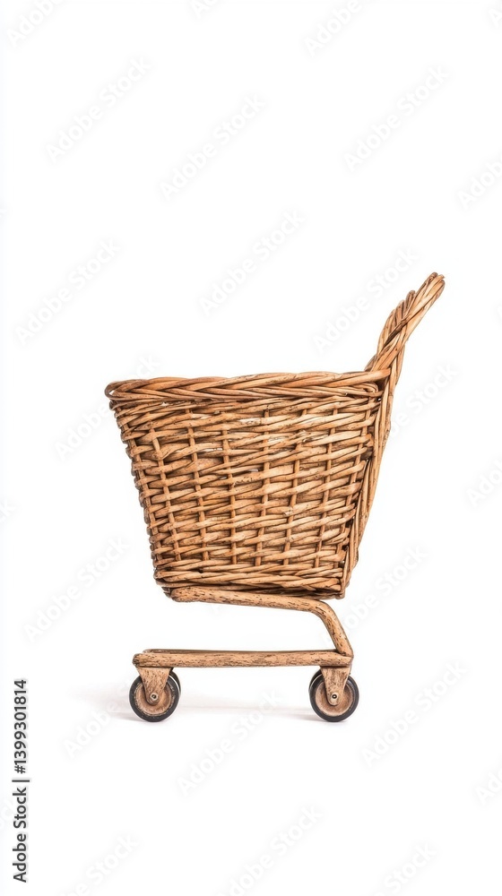 Poster a side view of a wicker shopping cart, showcasing its unique texture and design, emphasizing a blend
